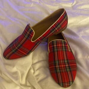 J Crew Women’s 8 Flats Smoking Loafer Shoes Holiday Red Tartan Plaid Almond Toe